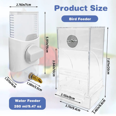 Top Shelf No Sweat Automatic Bird Feeder And Water Dispenser Set Slick Transparent Food Container For Parrots Cockatiels Lovebirds Budgies Keep Cage Spotless Daily Game Changing Avian Supplies White dimensions diagram showing feeder sizes.