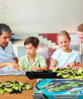 Family building a 2-In-1 Remote Control Race Car And Off Road Truck with STEM blocks at a table.