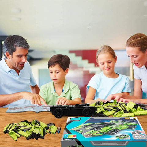 Family building a 2-In-1 Remote Control Race Car And Off Road Truck with STEM blocks at a table.