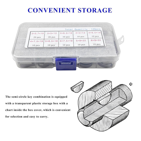 Front view of woodruff key set, 120-piece carbon steel semicircular keys in a clear plastic storage box with blue latch