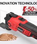 Cordless Oscillating Tool Kit 20V With 27-Piece Accessories, shown with low vibration benefits and a sleeping cat