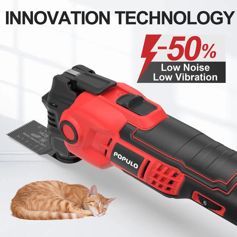 Cordless Oscillating Tool Kit 20V With 27-Piece Accessories, shown with low vibration benefits and a sleeping cat