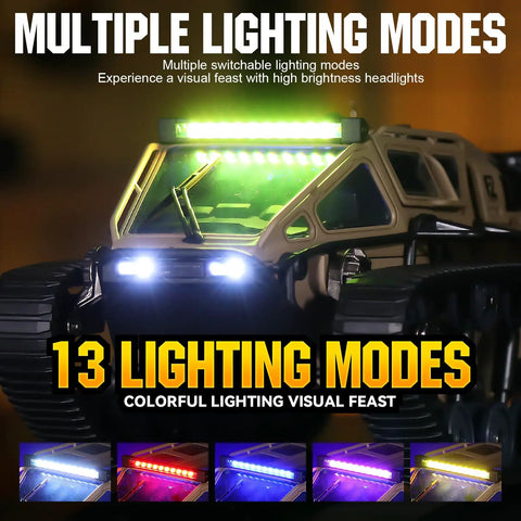 RC Military Tank With Bright LED Lights 2 4G Remote Control 1 16 Scale All Terrain Vehicle with 13 lighting modes displayed