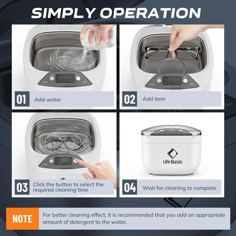 Steps showing use of Ultrasonic Jewelry Cleaner 850ml With LCD Screen And 5 Digital Timers for cleaning glasses