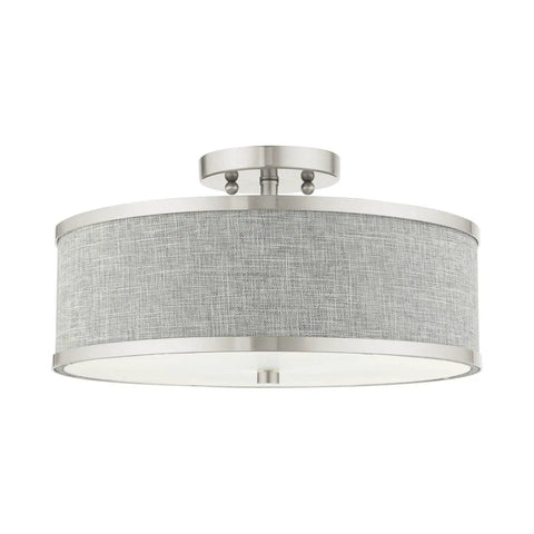 Park Ridge 3 Light Brushed Nickel Semi Flush Mount Ceiling Light With Oatmeal Hardback Fabric Shade 15 By 15 By 8 Inches
