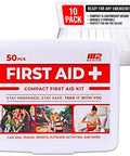 Front view of M2 BASICS white compact first aid kit with red FIRST AID label and 50 pieces.