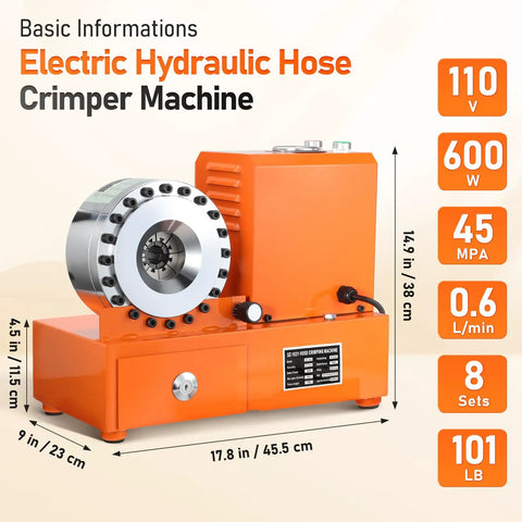 110V Electric Hydraulic Hose Crimping Machine With 8 Dies For 3/8 To 1-1/4 Inch Auto Ac Steering And Fuel Lines 0.6L Min Portable Pipe Fitting Tool For Shop Garage Work 101lbs Weight with detailed specs and design.