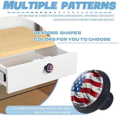 Crystal Glass Cabinet Knobs With Vintage American Flag Design And Rough Texture Mushroom Drawer Pulls For Dope Home Decor On Dressers Kitchens And Bathrooms Includes Screws 1 Pack shown on white drawer.