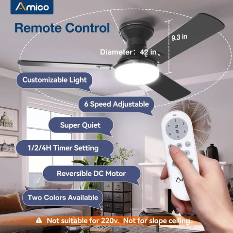 2 Pack 42 Inch Ceiling Fans With Lights Low Profile Flush Mount Remote Control in living room with remote shown