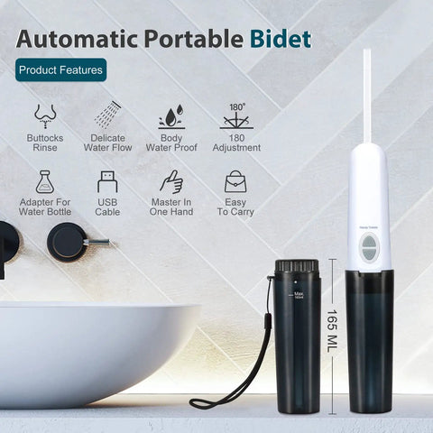 Portable USB Charged Bidet Mini Personal Cleaner For Soothing Perineal Care After Childbirth Travel Friendly Foldable 180 Degree Swivel Waterproof Eco Friendly Hygiene On The Go next to sink and water bottle.