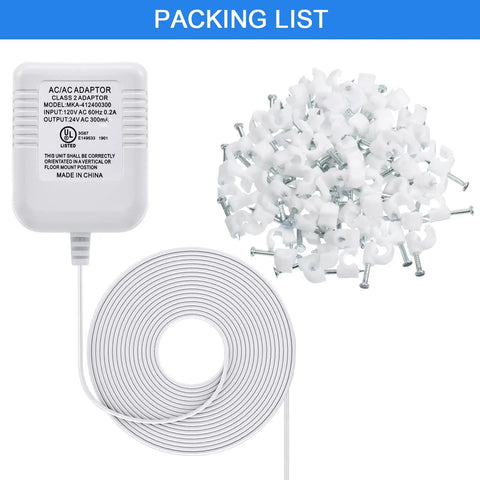 24 Volt C Wire Adapter For Smart Thermostats, UL Listed Power Connector, 16 And A Half Foot Cable, clips included, in packaging list