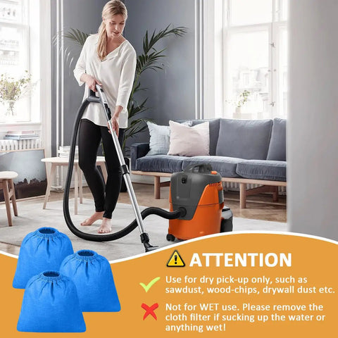 3 Pack Cloth Vacuum Filter Bags For 2.5 Gallon Wet Dry Vac Models AA256 AA255 AA255W AA155 being used in a living room