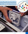 Installing Six Pack Knurled Thumb Screws 6x32 Aluminum Alloy in colorful set for PC case fan, tool-free fasteners.