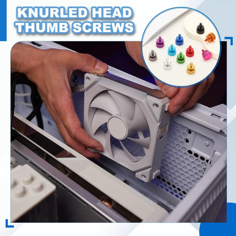 Installing Six Pack Knurled Thumb Screws 6x32 Aluminum Alloy in colorful set for PC case fan, tool-free fasteners.