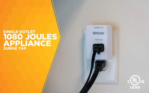 One Outlet Surge Protector With 1080J Protection, LED Indicator Alarm, Slim Space Saving Design, White, cULus Listed For Home Office And Dorm Essentials in use on a wall outlet showing power cords connected.