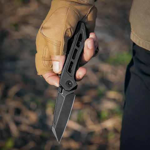 Hand holding Titanium Pocket Knife with M390 Powder Steel Blade For Everyday Carry Thumb Hole EDC Folding Knife 3.07 inch Blade