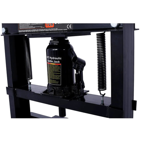 Heavy Duty 20 Ton Hydraulic H Frame Shop Press With Snappy Manual Hand Pump showing hydraulic bottle jack and frame details.