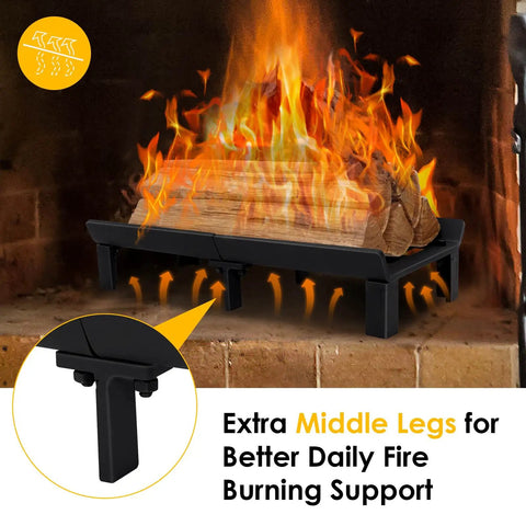 Heavy Duty 20 Inch Fireplace Grate For Wood Stoves And Fireplaces, Wrought Iron Log Holder with detachable legs in use.