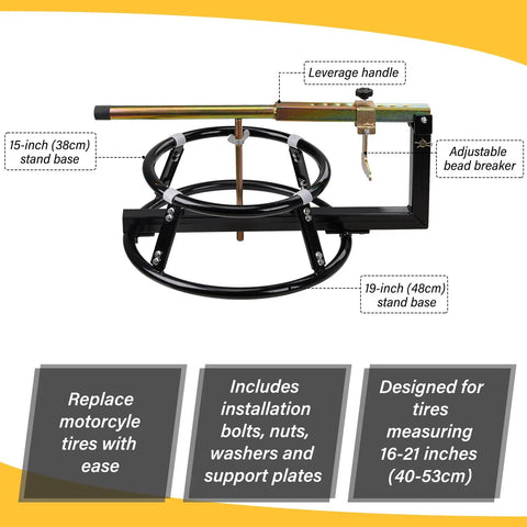 Heavy Duty Motorcycle Tire Changer Stand For 16 To 21 Inch Dirt Bikes Bead Breaker Included Portable Tire Change Tool For Dirt Bike Motocross Garage Use Built To Last with leverage handle and adjustable bead breaker visible
