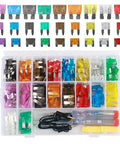 Solid 306 Piece Car Fuse Assortment Kit With Tester And Pullers Loaded With Mini Standard And Low Profile Blades 2A To 35A in a clear organizer.