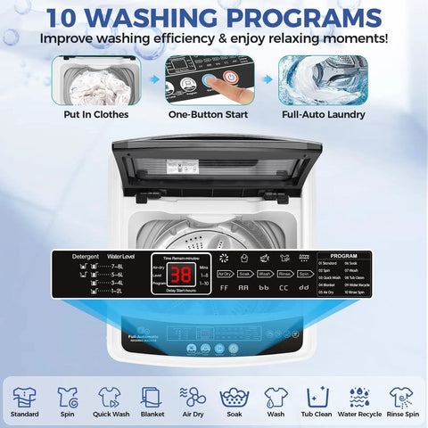 20 Lb Compact Washer And Spin Dryer Combo For Apartments With Sturdy Slow Close Glass Lid showing control panel and wash programs