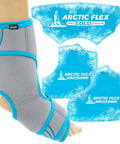 Ankle Ice Pack Wrap For Foot And Ankle Pain Relief With Hot And Cold Therapy, showing wrap on foot with gel packs in background.