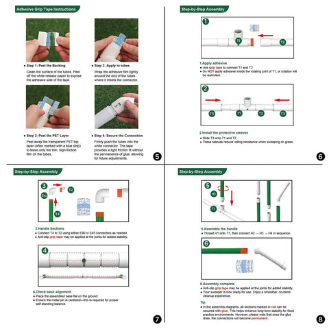 Instructional diagram for assembling the Portable Golf Ball Sweeper With Self Standing No Bend Design Modular PVC Ball Collector And Picker Upper For Golf Pickleball And Badminton Practice Back Friendly Ball Pickup Easy Stand Quick Cleanup.