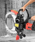Heavy Duty Brushless Electric Concrete Saw And Wall Chaser Wet Saw 9500W cutting through concrete with water spray.