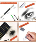 Complete 31 Piece Drawing Pencils Kit With Graphite Pencils 6H To 12B Charcoal Pencils White Color Pencils Blending Stumps Kneaded And Hard Erasers Pencil Extender In Portable Canvas Case For Beginners To Pro Artists featuring pencil extender, blending stumps, graphite shavings, and kneaded eraser.