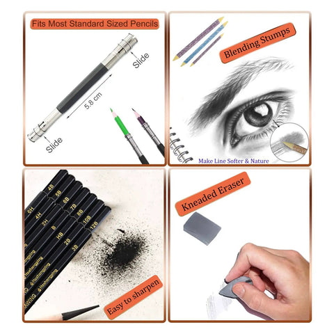 Complete 31 Piece Drawing Pencils Kit With Graphite Pencils 6H To 12B Charcoal Pencils White Color Pencils Blending Stumps Kneaded And Hard Erasers Pencil Extender In Portable Canvas Case For Beginners To Pro Artists featuring pencil extender, blending stumps, graphite shavings, and kneaded eraser.