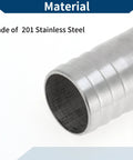 End view of a silver 201 stainless steel hose barb fitting with external ridges.
