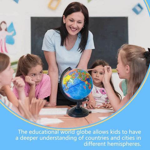 Teacher with kids using 6 Inch Educational World Globe With Stand For Kids, Rotating Political World Map, Classroom Geography Teaching Aid