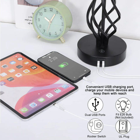 Set Of 2 Bedside Table Lamps With Dual USB Ports, Modern Nightstand Lamps With Spiral Cage Design next to clock and charging devices