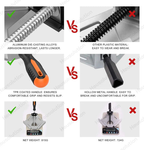 Comparison of Two Pack Right Angle Clamp For Woodworking with aluminum alloy vs plastic material, TPR vs hollow handle grip.