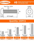 8-32 304 Stainless Steel Button Head Socket Cap Screws Kit With Allen Hex Drive Fully Threaded Machine Bright Finish Assorted 100-Piece Set diagram and size chart
