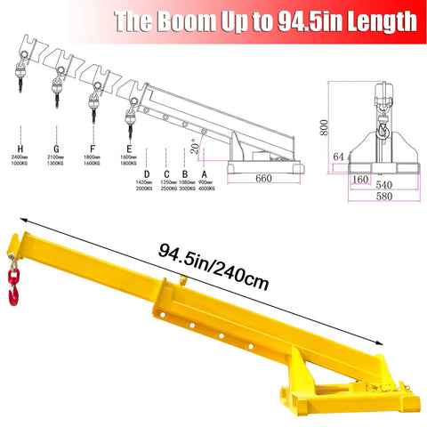 Heavy Hitter 4 Ton Telescopic Forklift Jib Boom Attachment With 8800 Lb Lift Capacity And Extendable Truss Arm, 94.5in, yellow steel design.