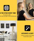 Woman using Nine Sensor Stud Finder And Wall Scanner with Deep Scan for Wood and Metal, Pro Sensor M90, in a living room.