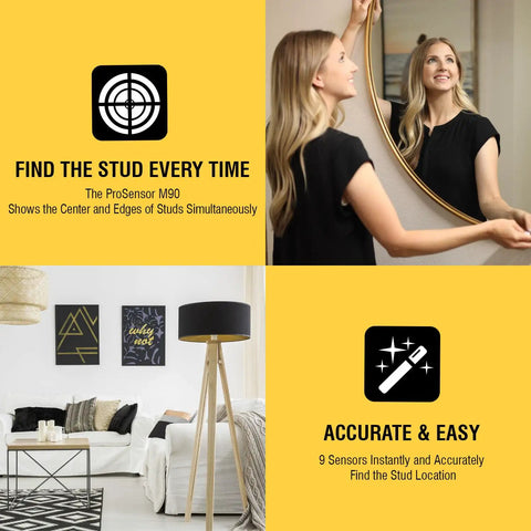 Woman using Nine Sensor Stud Finder And Wall Scanner with Deep Scan for Wood and Metal, Pro Sensor M90, in a living room.