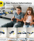 Children using controllers with 2 In 1 Mini Indoor Drone For Kids With Land And Fly Modes 3D Flips Auto Hover RC Quadrocopter, four posture deformations on display.