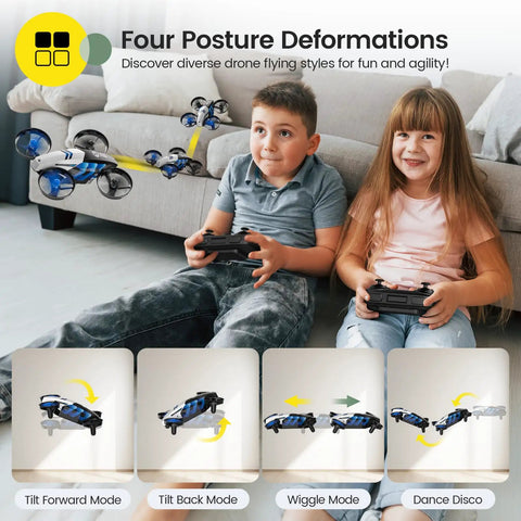 Children using controllers with 2 In 1 Mini Indoor Drone For Kids With Land And Fly Modes 3D Flips Auto Hover RC Quadrocopter, four posture deformations on display.