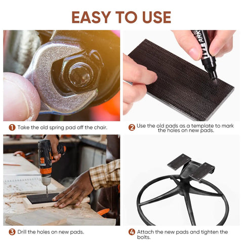Rock Solid Black Patio Chair Spring Plates 8 Pack Heavy Duty Fiberglass Replacement Springs shown during installation steps.