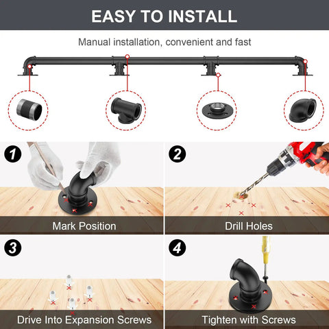 Installation guide for 10 Ft Industrial Black Pipe Handrail For Stairs Wall Mount Kit 1.3 Inch Diameter Grab Bar Rail
