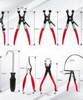 Beefy 9 Piece Hose Clamp Pliers Set With Long Reach Cabled Pliers shown with diagram and dimensions.