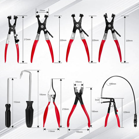 Beefy 9 Piece Hose Clamp Pliers Set With Long Reach Cabled Pliers shown with diagram and dimensions.