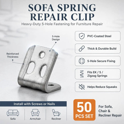 Killer Heavy Duty Upholstery Spring Clips Kit 50 Piece Couch Sofa Repair Set Screw In Furniture Springs Squeak Stopper No Sag Fix Plastic Coated Steel No Sweat DIY Game Changer 5-hole sofa spring repair clip