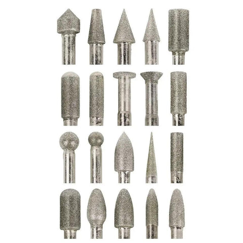 20 Piece Diamond Burrs Set With One Quarter Inch Shank 120 Grit Diamond Carving Bits For Grinding Carving And Deburring On Glass Metal Stone Wood Ceramic Porcelain Plastic Plus Five Piece Coarse 50 Grit Set For Rotary Tools in grid display.