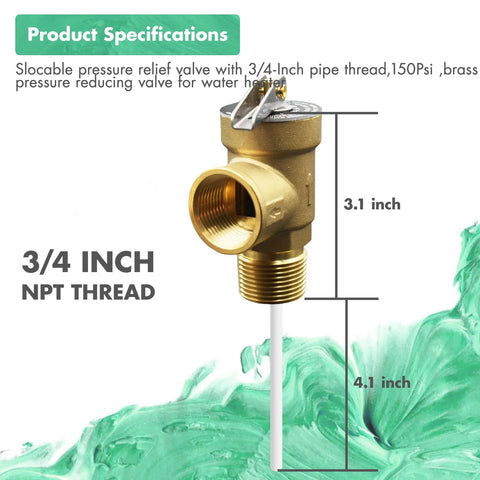 Front view of brass temperature pressure relief valve with 3/4-inch NPT female thread and 4-inch temperature probe