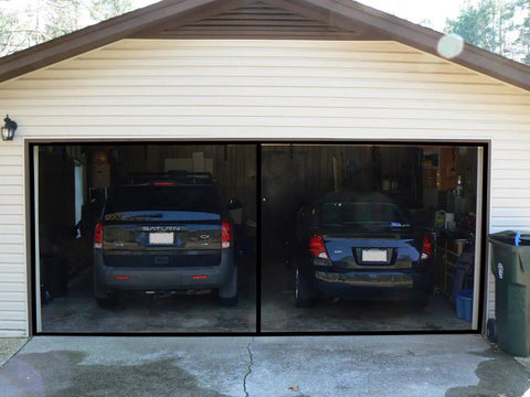 Garage Screen Door For 2 Car Garage 16x8 Feet Magnetic Closure Heavy Duty Screen with cars visible inside the garage
