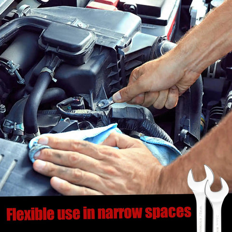 Mechanic using Super Thin Open End Wrench Set, 16 Piece SAE And Metric Wrenches For Tight Spots, in car engine compartment.