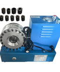 Heavy Duty Electric Hydraulic Hose Crimper Machine With 9 Die Sets crushes R1 and R2 hoses, showcasing die sets and machine control features.